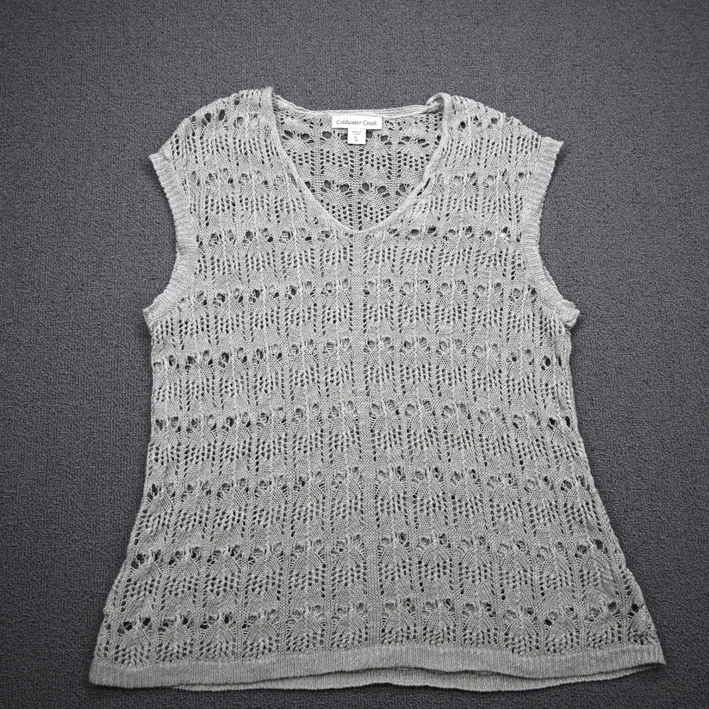 Coldwater Creek Womens XL 16 Grey 100% Linen Open Pointelle Knit Sweater Vest